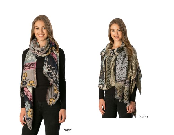 CS7235/NV FLOWER&COLOR BLOCK OBLONG SCARF