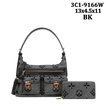 3C1-9166W BLK DESIGNER HOBO BAG WITH WALLET