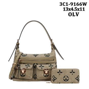 3C1-9166W OLV DESIGNER HOBO BAG WITH WALLET