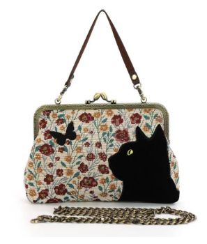 83433CN FLORAL BLACK CAT KISSLOCK BAG