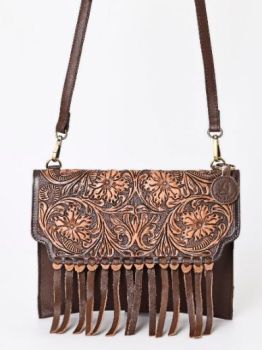 A&A-843A BR  Montana West Hand Tooled 100% Genuine Leather Fringe Crossbody