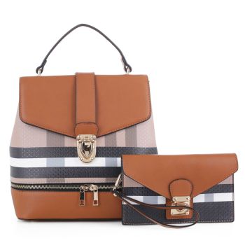 DX91045 BR/BR PLAID BACKPCK HANDBAG WITH WALLET