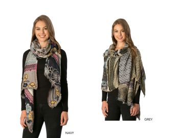 CS7235/GRY FLOWER&COLOR BLOCK OBLONG SCARF