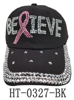 HT-0327 BK BELIEVE/PINK RIBBON HAT