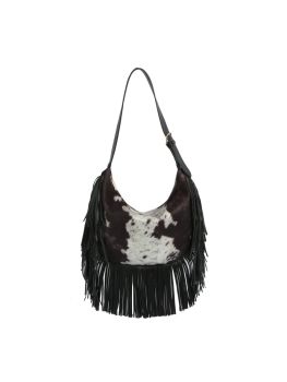 JY-0569 BK COW PRINTED FRINGE HOBO BAG