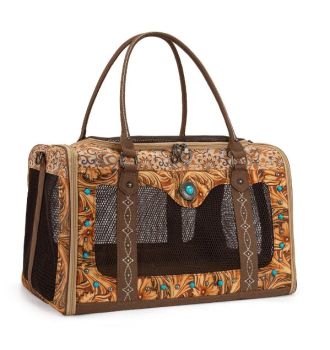 MW-HB-1386-8000-BR Montana West Western Tooled Pet Carrier Bag with Turquoise Accents
