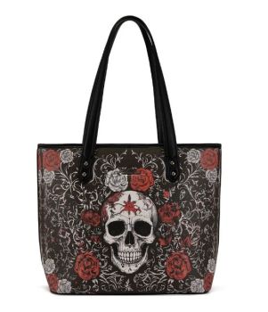 MW-HB-1404-2002-BK Montana West Halloween Skull Rose Tote Bag
