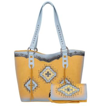 MW1220G-8317W YL Montana West Cut-out Aztec Collection Concealed Carry Tote with Matching Wallet