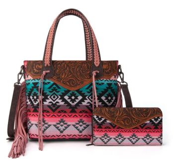 MW1295G-8313WPK Montana West Tooled Aztec Tote/Crossbody with Wallet Set