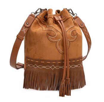MW1341-8311BR Montana West Boot Stitch Fringe Drawstring Crossbody Bag