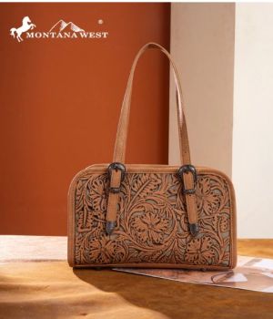 MW1345-8802LBR Montana West Western Tooled Mini Satchel Bag 