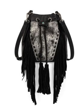 MW1349-8311BK Montana West Hair-On Cowhide Drawstring Crossbody Bucket Bag 