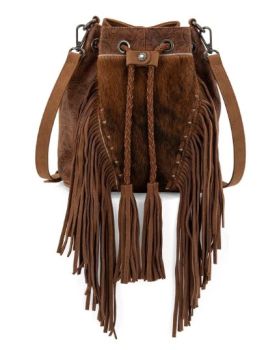 MW1349-8311BR Montana West Hair-On Cowhide Drawstring Crossbody Bucket Bag 