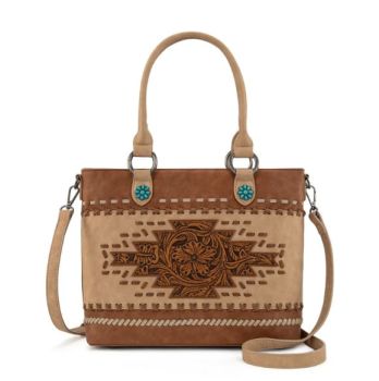 MW1356-8260BR Montana West Western Tooled Aztec Concealed Carry Tote/Crossbody