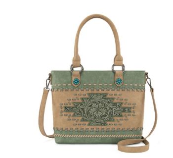 MW1356-8260GN Montana West Western Tooled Aztec Concealed Carry Tote/Crossbody