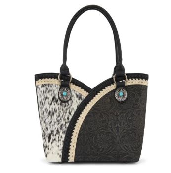 MW1365-8005BK Montana West Tooled & Cowhide Whipstitch Tote Bag