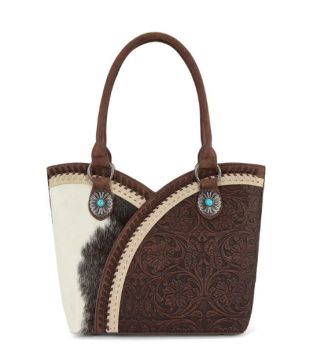 MW1365-8005CF Montana West Tooled & Cowhide Whipstitch Tote Bag
