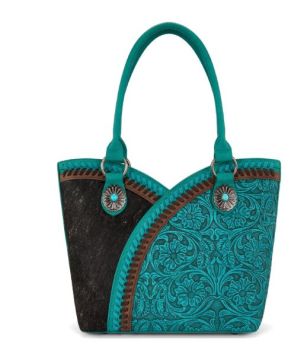 MW1365-8005TQ Montana West Tooled & Cowhide Whipstitch Tote Bag