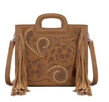 MW1383-8322LBR Montana West Western Cutout Rivet Fringe Satchel Bag 