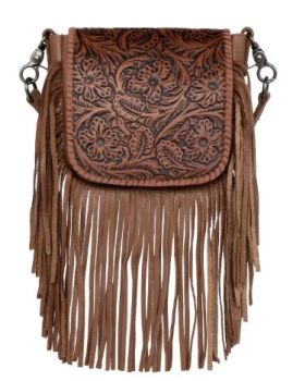 RLC-L159 BR Montana West Genuine Leather Tooled Collection Fringe Crossbody