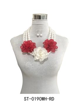 ST-0190WT/RD FLOWER PEARL NECKLACE SET