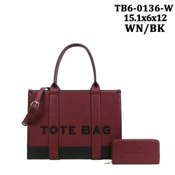 TB6-0136W WN/BK DESIGNER TOTE BAG WITH WALLET