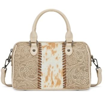 TR-HB-215-8323-TN Trinity Ranch Western Tooled Floral Cowhide Satchel Crossbody Bag