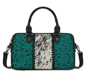 TR-HB-215-8323-BK Trinity Ranch Western Tooled Floral Cowhide Satchel Crossbody Bag