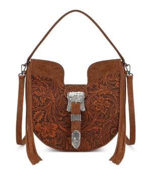 TR-HB-220-918-BR Trinity Ranch Floral Tooled Crossbody Bag