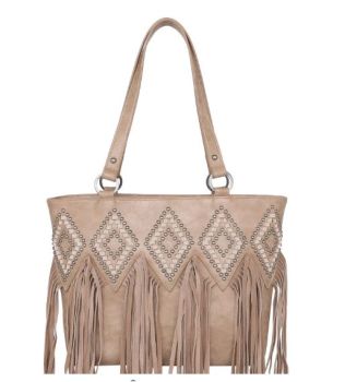 TR143G-8317 KH  Trinity Ranch Leather Fringe Collection Concealed Carry Tote