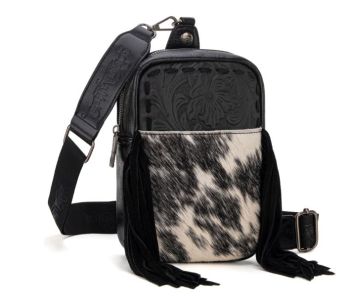 TR179-186BK Trinity Ranch Genuine Hair-On Cowhide Tooled Fringe Sling Bag