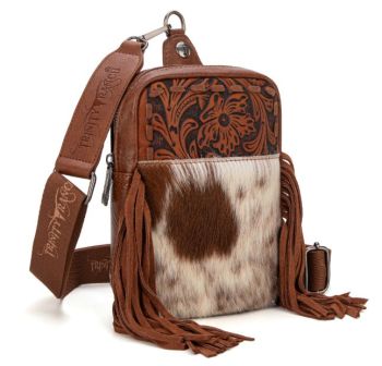 TR179-186BR Trinity Ranch Genuine Hair-On Cowhide Tooled Fringe Sling Bag