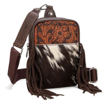TR179-186CF Trinity Ranch Genuine Hair-On Cowhide Tooled Fringe Sling Bag