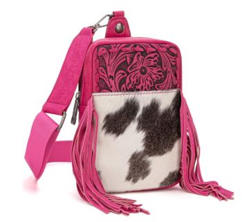 TR179-186FU Trinity Ranch Genuine Hair-On Cowhide Tooled Fringe Sling Bag