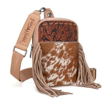 TR179-186TN Trinity Ranch Genuine Hair-On Cowhide Tooled Fringe Sling Bag