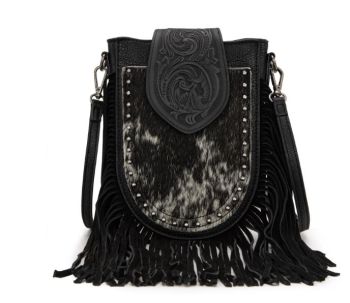 TR180-8360BK  Trinity Ranch Genuine Hair-On Cowhide Tooled Fringe Crossbody Bag