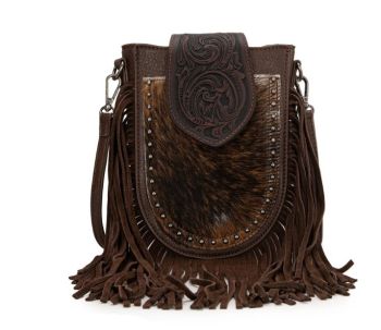 TR180-8360CF  Trinity Ranch Genuine Hair-On Cowhide Tooled Fringe Crossbody Bag