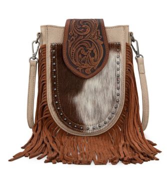 TR180-8360BR  Trinity Ranch Genuine Hair-On Cowhide Tooled Fringe Crossbody Bag