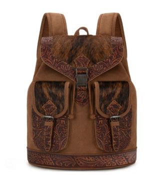 TR185-9110BR Trinity Ranch Genuine Hair-On Cowhide Tooled Backpack