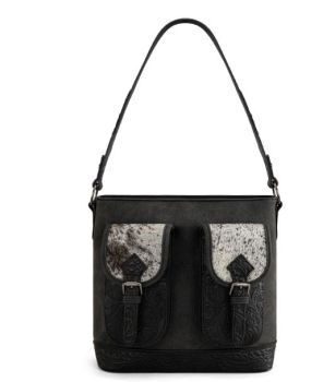 TR185G-918BK Trinity Ranch Genuine Hair-On Cowhide Tooled Concealed Carry Hobo Bag
