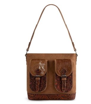 TR185G-918BR Trinity Ranch Genuine Hair-On Cowhide Tooled Concealed Carry Hobo Bag