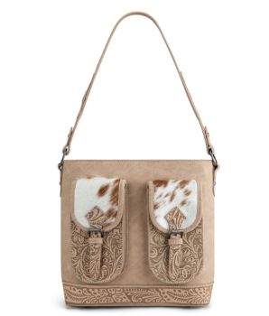 TR185G-918TN Trinity Ranch Genuine Hair-On Cowhide Tooled Concealed Carry Hobo Bag