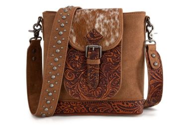 TR185G-9360BR Trinity Ranch Genuine Hair-On Cowhide Tooled Concealed Carry Crossbody Bag