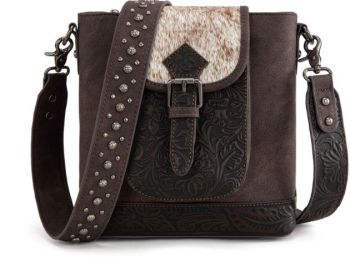 TR185G-9360CF Trinity Ranch Genuine Hair-On Cowhide Tooled Concealed Carry Crossbody Bag