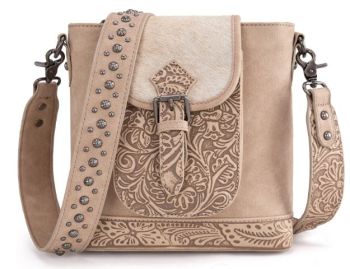 TR185G-9360TN Trinity Ranch Genuine Hair-On Cowhide Tooled Concealed Carry Crossbody Bag