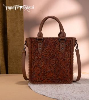 TR192-8368BR Trinity Ranch Floral Tooled Collection Tote/Crossbod