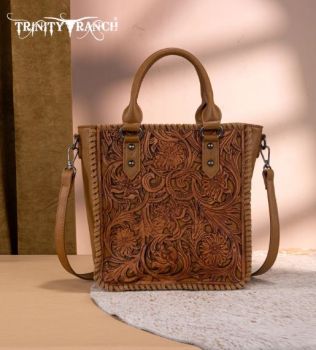 TR192-8368LBR Trinity Ranch Floral Tooled Collection Tote/Crossbod