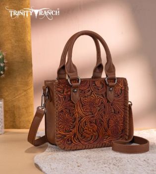 TR192-8800BR Trinity Ranch Floral Tooled Collection Mini Tote/Crossbody