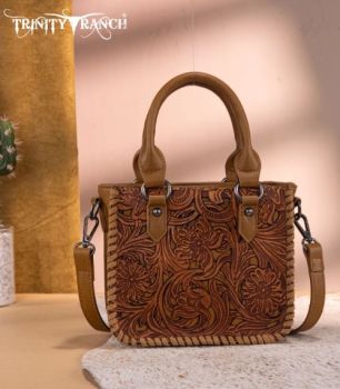 TR192-8800LBR Trinity Ranch Floral Tooled Collection Mini Tote/Crossbody