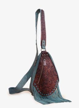 TR193-2102 TQ Trinity Ranch Floral Tooled Fringe Sling Bag